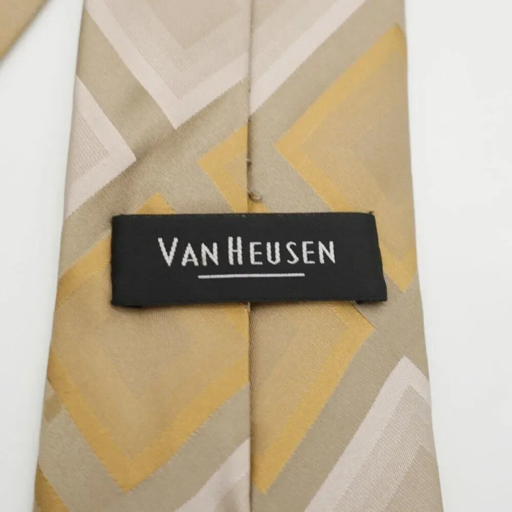 Van Heusen Beige Tan Woven Stain Resistant Geometric Wide‎ Silk Tie